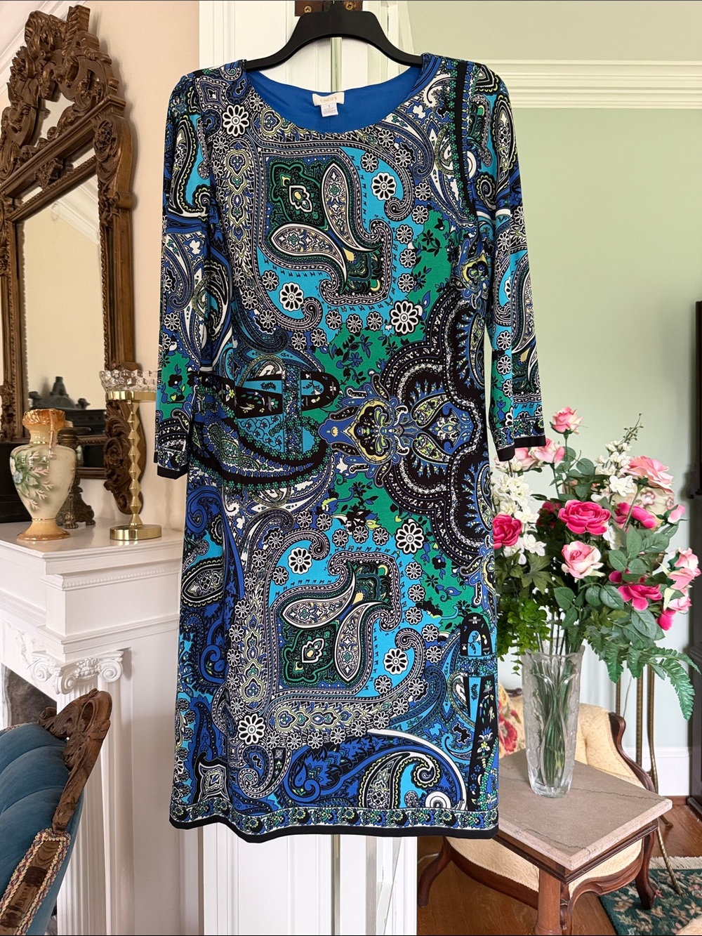 Chico's Blue & Green Paisley 3/4 Sleeve Shift Dress, size 1 (Medium)